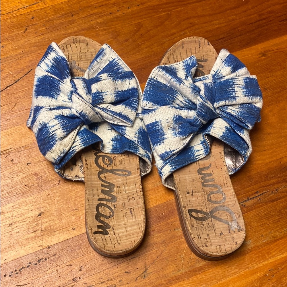 Blue and White Bow Slide Sandals